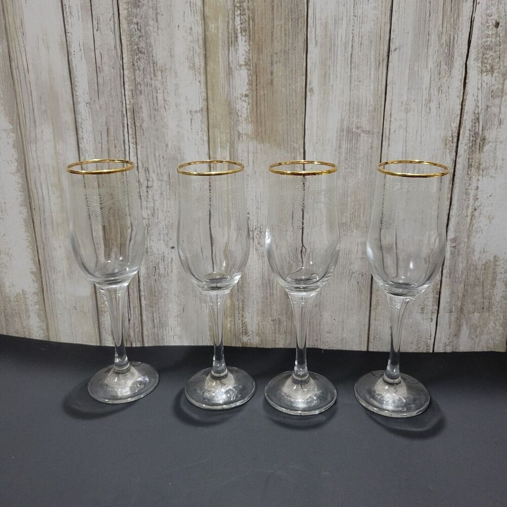 LORREN HOME TRENDS ETCH BANDING GOLD GILD 8.25" FLUTED WINE GLASSES SET OF 4